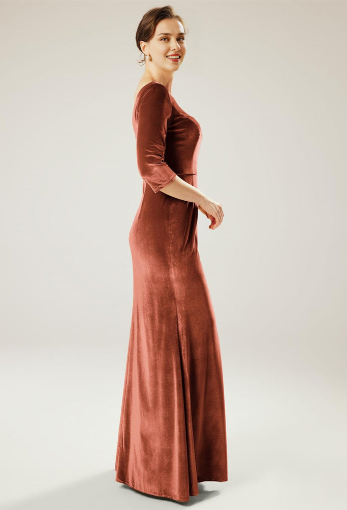 Vestidos formales para mujer, cuello redondo, elegantes, mangas 3/4, terciopelo, sirena, largo hasta el suelo, talla personalizada gratis, vestido para madre de la novia